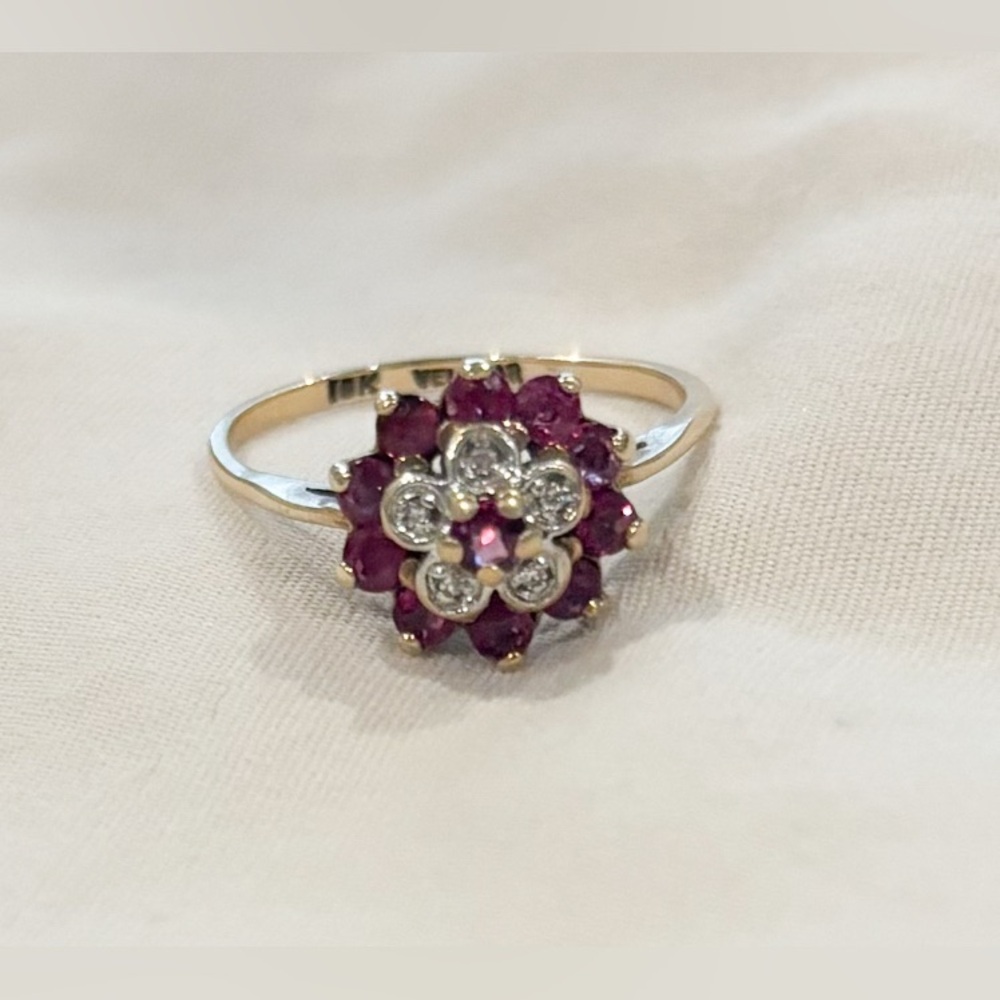 10K Yellow Gold Ruby and Brilliant Cut Diamond Cluster Ring